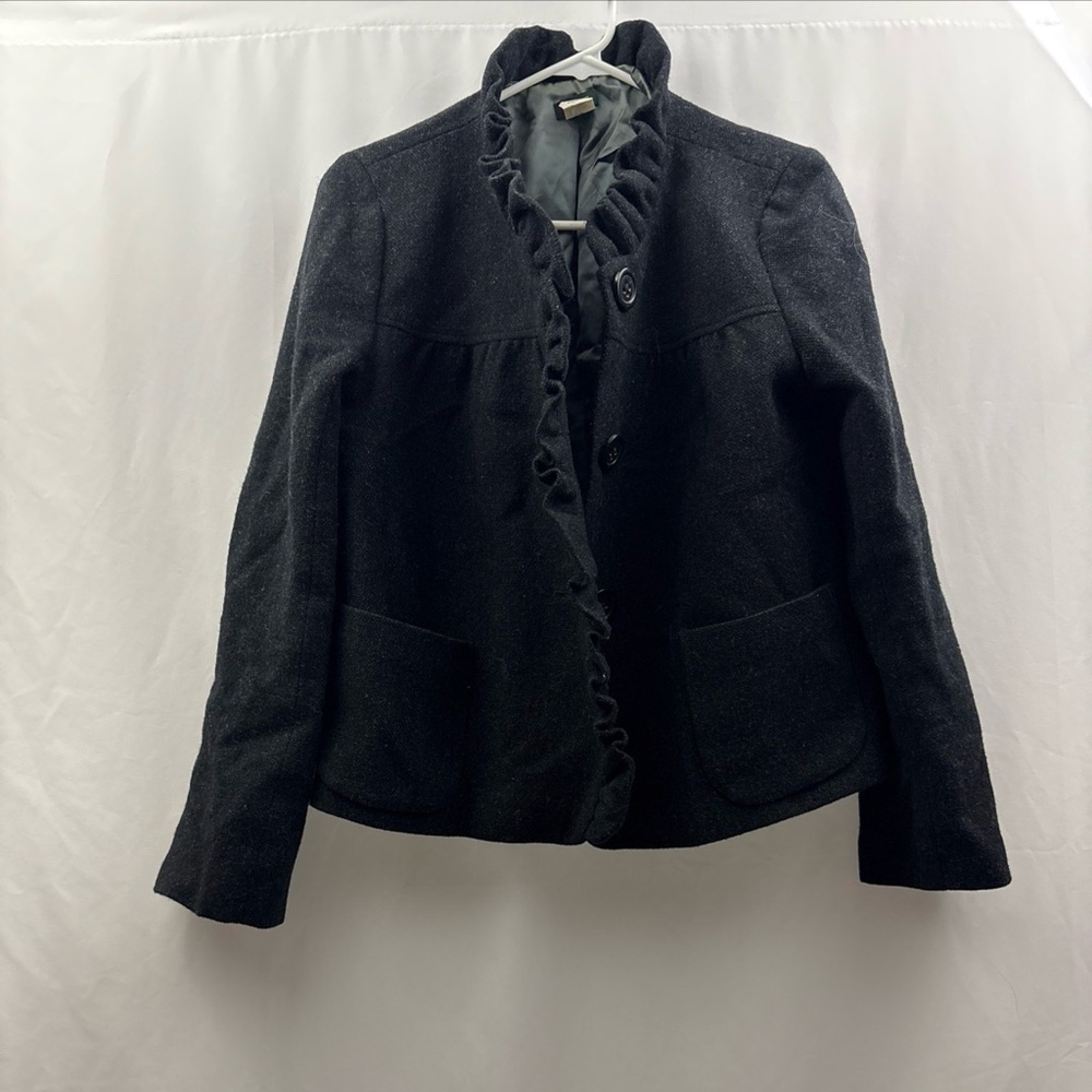 J Crew Fiona Ruffle Black Wool Tweed Jacket Blazer Size 10 Buttons - Picture 1 of 13